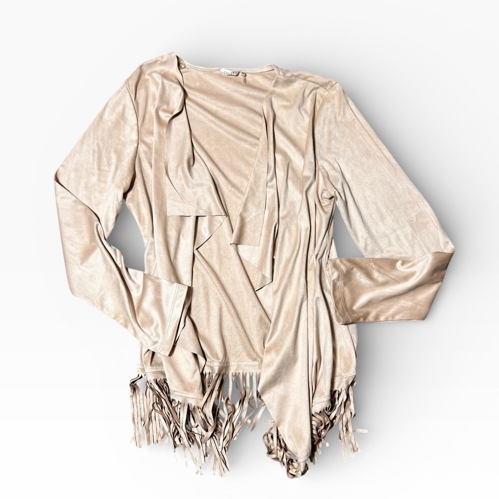 Kaktus Beige Faux Suede Fringe Duster Cardigan Jacket Boho Festival Medium Rodeo
